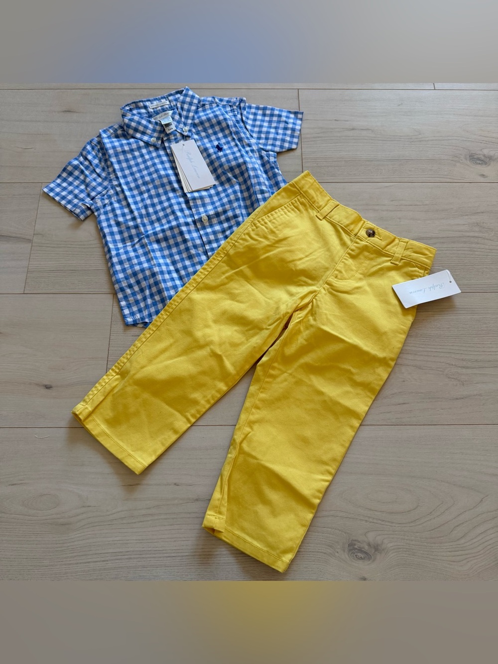 NWT Ralph Lauren Blue Gingham Button-Down with Yellow Chino Pants 24M